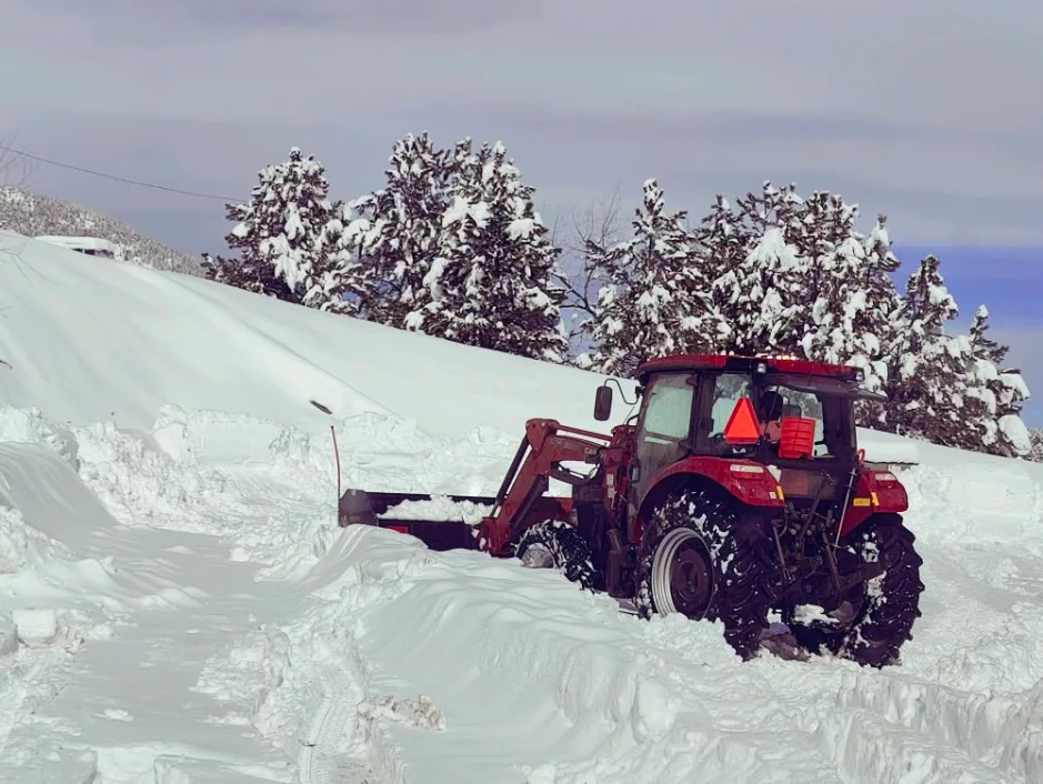Red snow plow truck clearing a snowy mountain road lined with snow-covered evergreen trees.